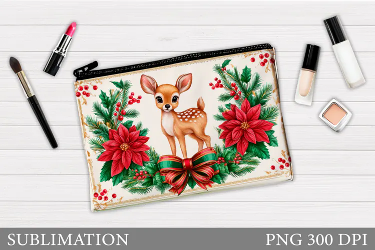 Christmas Deer Cosmetics Bag. Christmas Makeup Bag Design