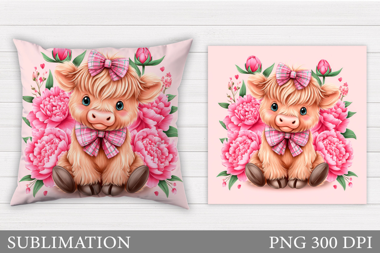 Highland Cow Pillow Design. Cow Flowers Pillow Sublimation