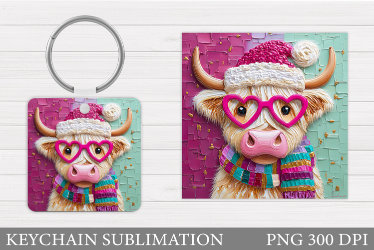 Winter Cow Keychain Sublimation. Christmas Keychain Design
