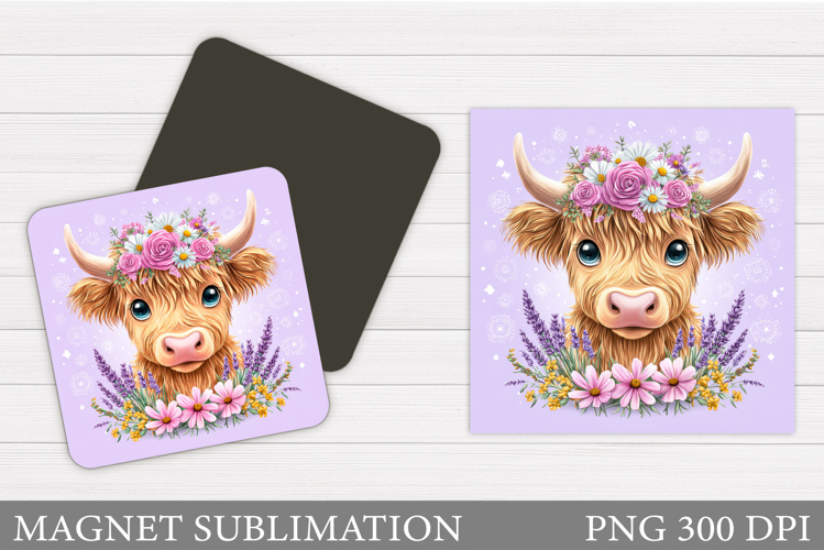 Highland Cow Magnet Design. Cow Flowers Magnet Sublimation