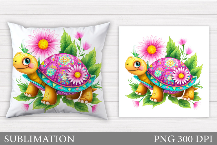 Cute Turtle Pillow Design. Turtle Flowers Pillow Sublimation