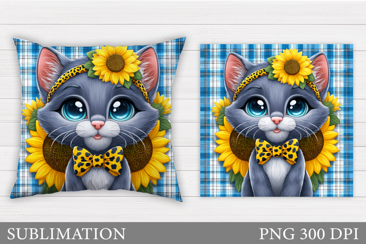 Cute Cat Pillow Design. Cat Flowers Pillow Sublimation
