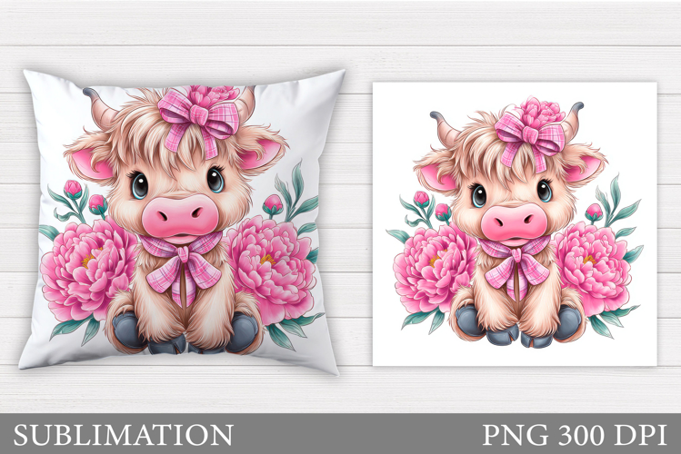Highland Cow Pillow Design. Cow Flowers Pillow Sublimation