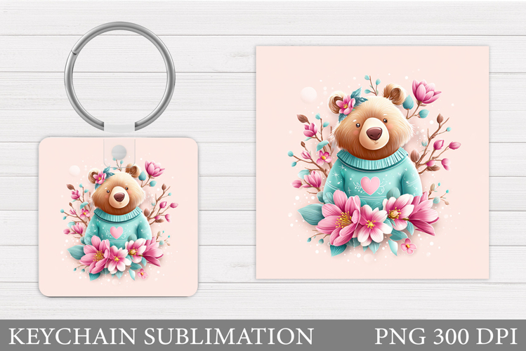 Cute Bear Keychain Sublimation. Bear Flowers Keychain Design