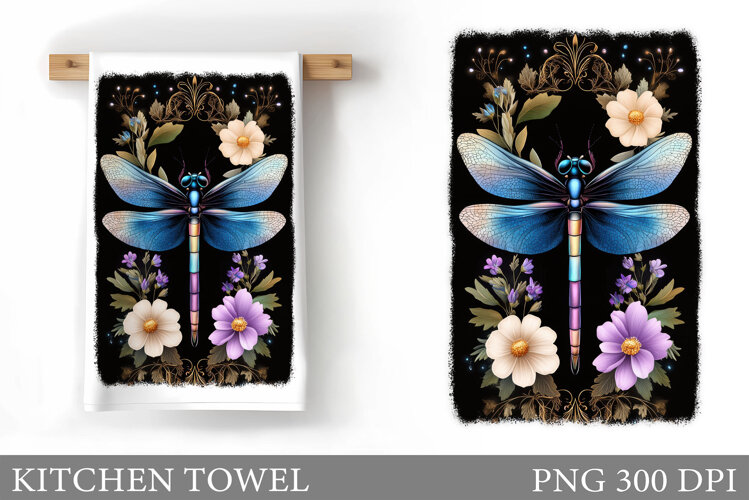 Dragonfly Kitchen Towel. Flowers Kitchen Towel Design example image 1