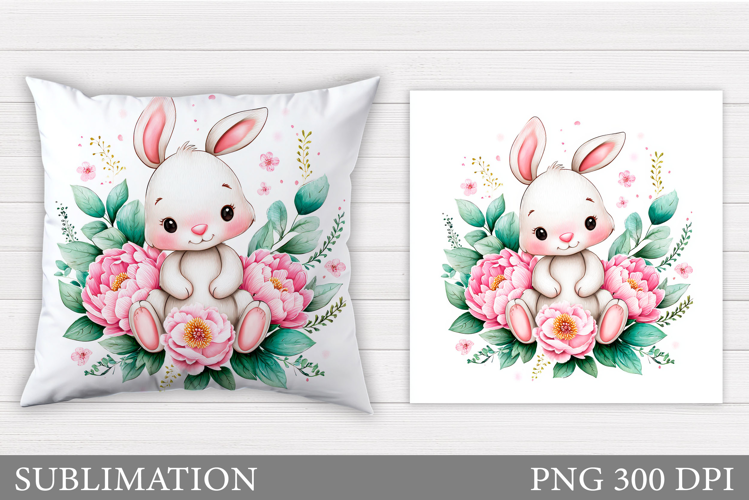 Cute Bunny Pillow Design. Cute Bunny Flowers Sublimation