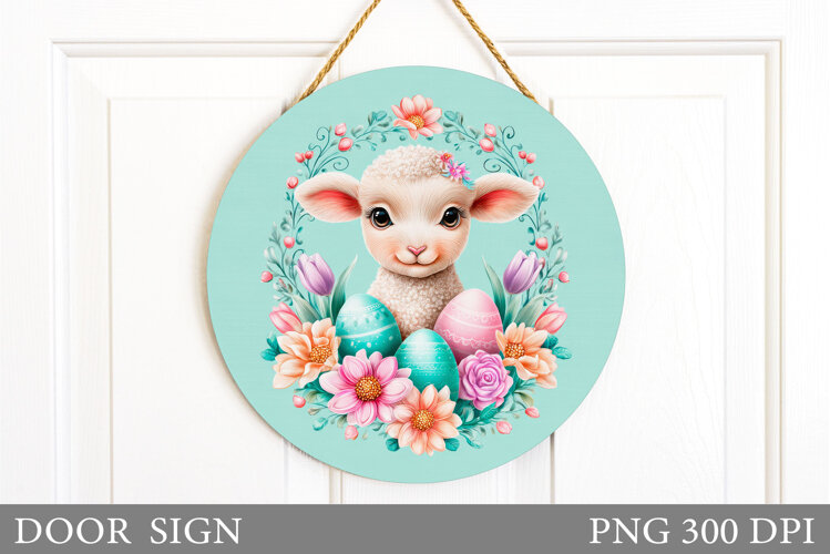 Cute Easter Lamb Door Sign. Easter Door Sign Sublimation example image 1