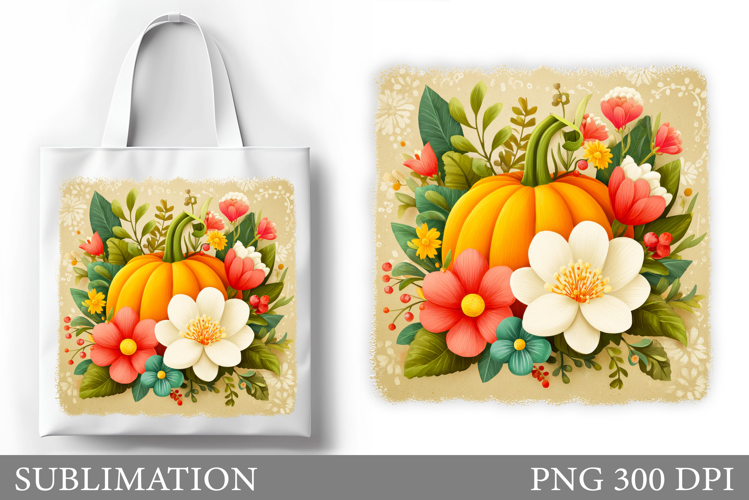 Pumpkin Tote Bag Sublimation. Pumpkin Flowers Tote Bag