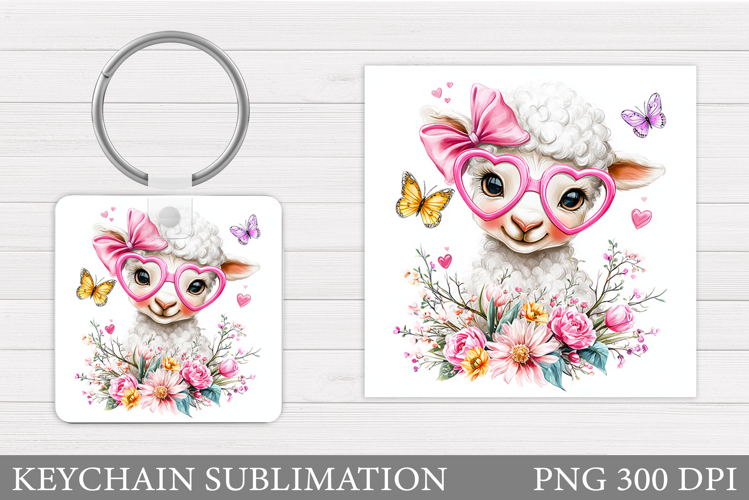 Cute Lamb Keychain Design. Lamb Flowers Keychain Sublimation