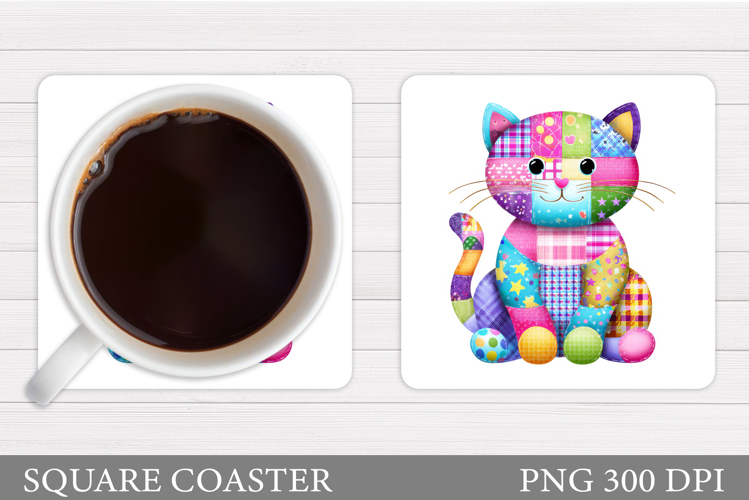 Patchwork Cat Coaster Design. Cute Cat Sublimation