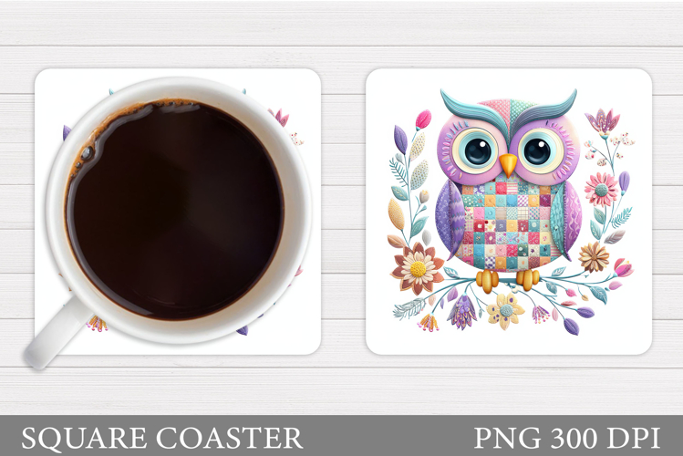 Patchwork Owl Coaster Design. Cute Owl Sublimation