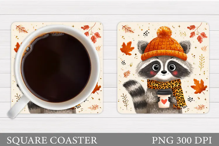 Fall Raccoon Coaster Design. Cute Raccoon Coaster