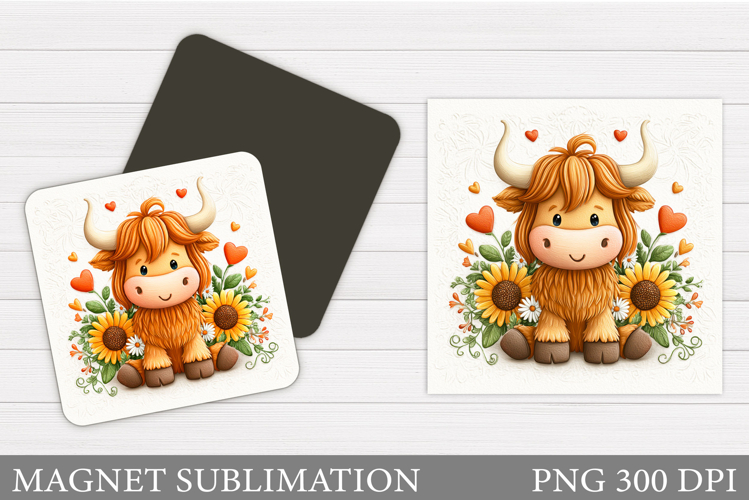 Highland Cow Magnet Sublimation. Cow Flowers Magnet Design