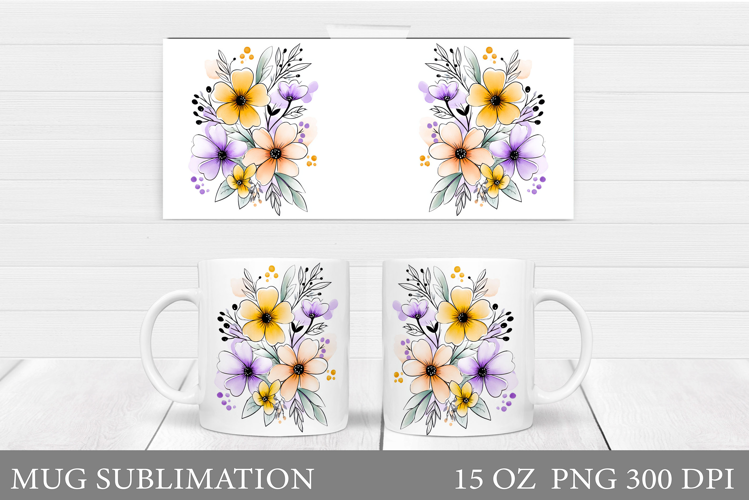 Floral Mug Wrap Design. Flowers Mug Sublimation