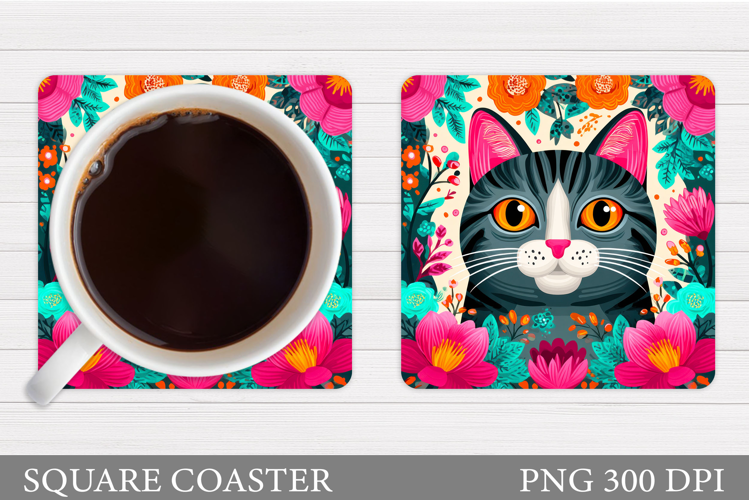Cute Cat Coaster Design. Cat Flowers Coaster