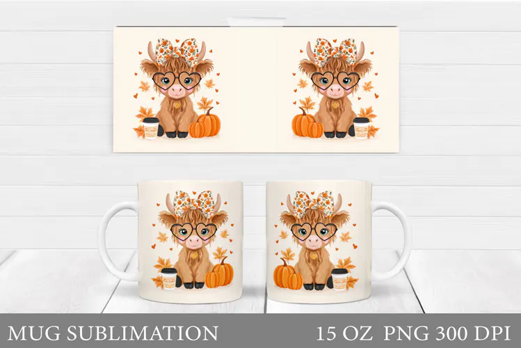 Fall Cow Mug Sublimation. Fall Mug Wrap Design