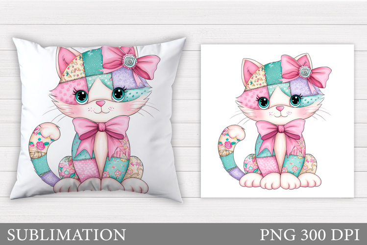 Patchwork Cat Pillow Design. Cute Cat Pillow Sublimation