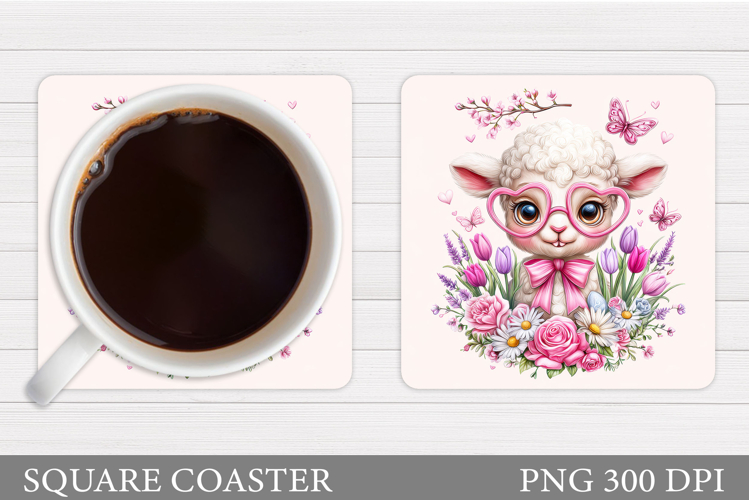 Cute Lamb Coaster Sublimation. Lamb Flowers Coaster Design