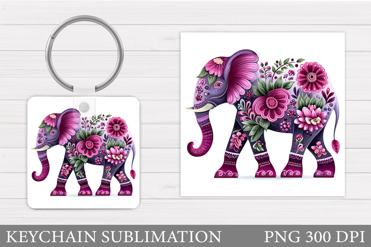Floral Elephant Keychain. Elephant Flowers Keychain Design