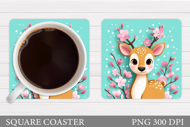 Cute Deer Coaster Sublimation. Deer Flowers Coaster Design example image 1