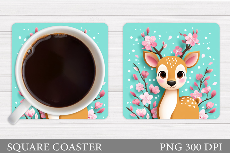 Cute Deer Coaster Sublimation. Deer Flowers Coaster Design