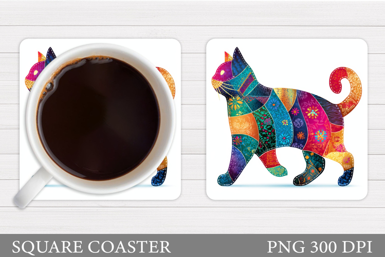 Patchwork Cat Coaster Design. Cute Cat Sublimation