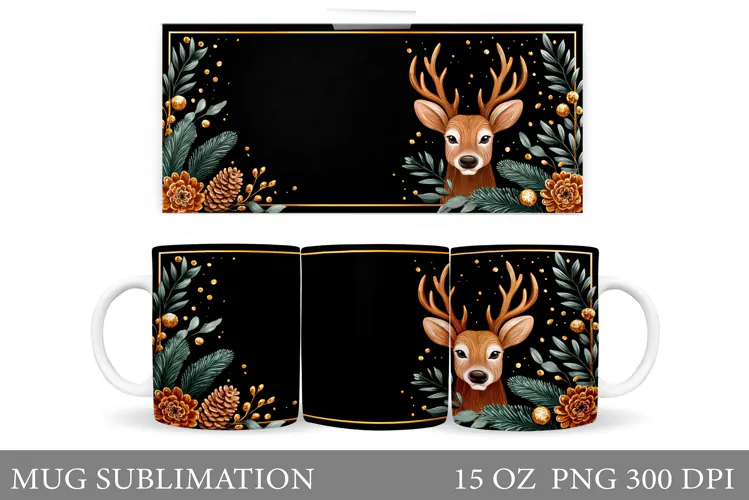 Reindeer Mug Wrap Design. Christmas Mug Sublimation