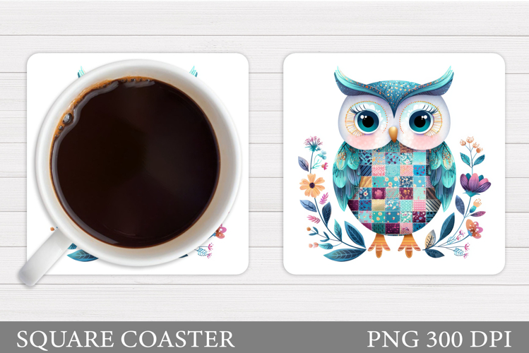Patchwork Owl Coaster Design. Cute Owl Sublimation