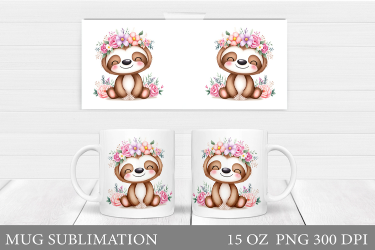 Cute Sloth Mug Design. Sloth Flowers Mug Sublimation