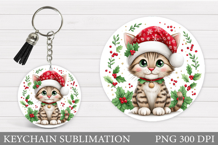 Christmas Cat Keychain. Christmas Keychain Sublimation