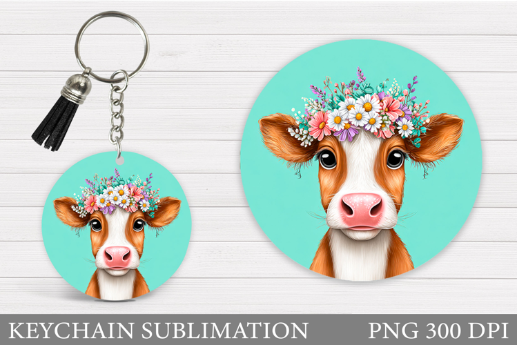Cow Keychain Sublimation. Cow Flowers Keychain Design