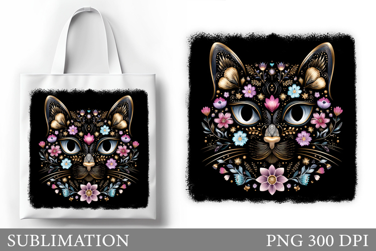 Floral Cat Sublimation. Cute Cat Tote Bag Design
