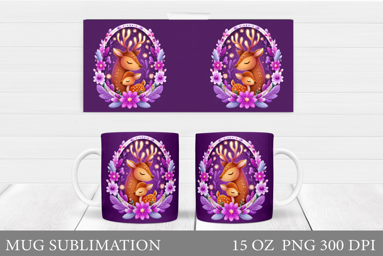 Cute Deer Mug Sublimation. Deer Flowers Mug Design