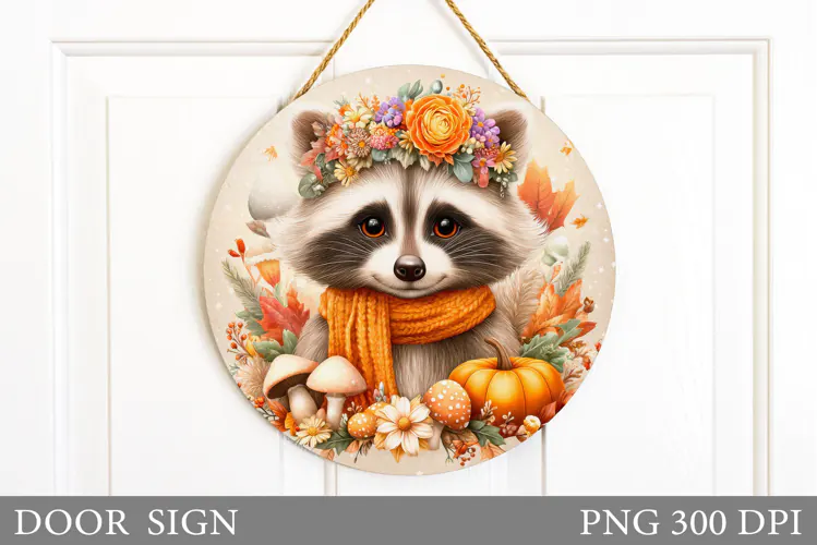Fall Raccoon Door Sign Sublimation. Fall Door Sign Design