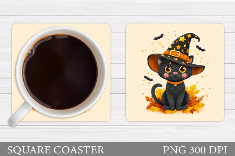 Fall Cat Coaster Design. Halloween Cat Coaster Sublimation example image 1