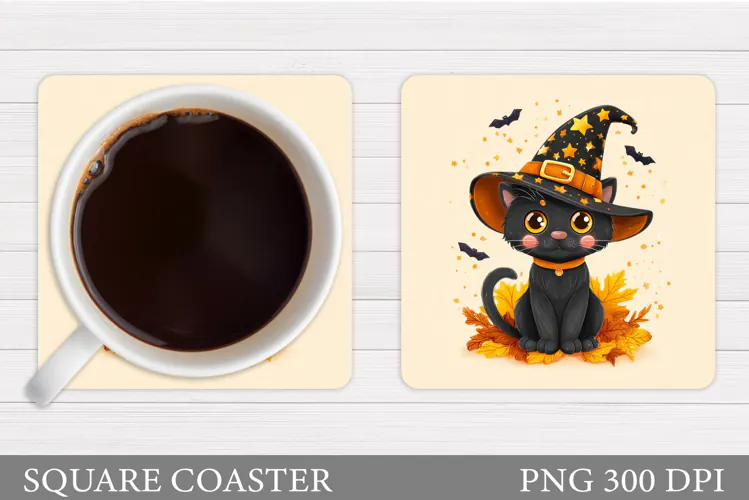 Fall Cat Coaster Design. Halloween Cat Coaster Sublimation