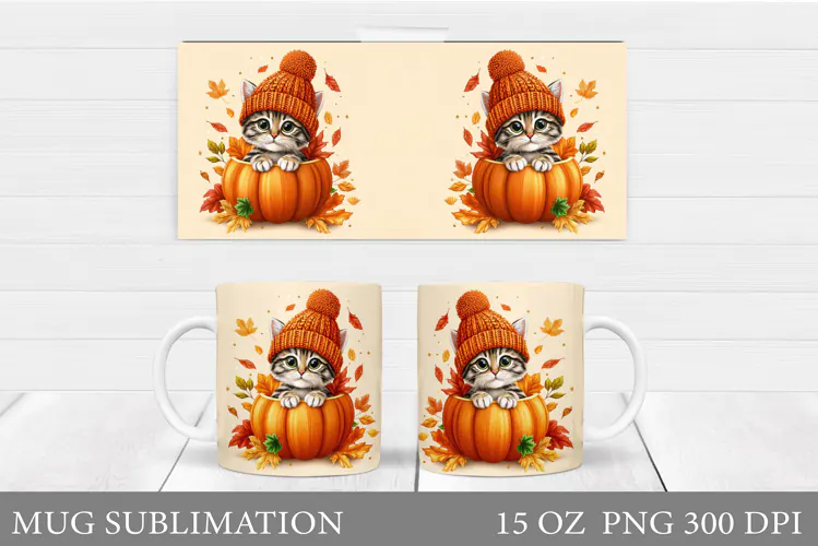 Fall Cat Mug Design. Fall Mug Sublimation