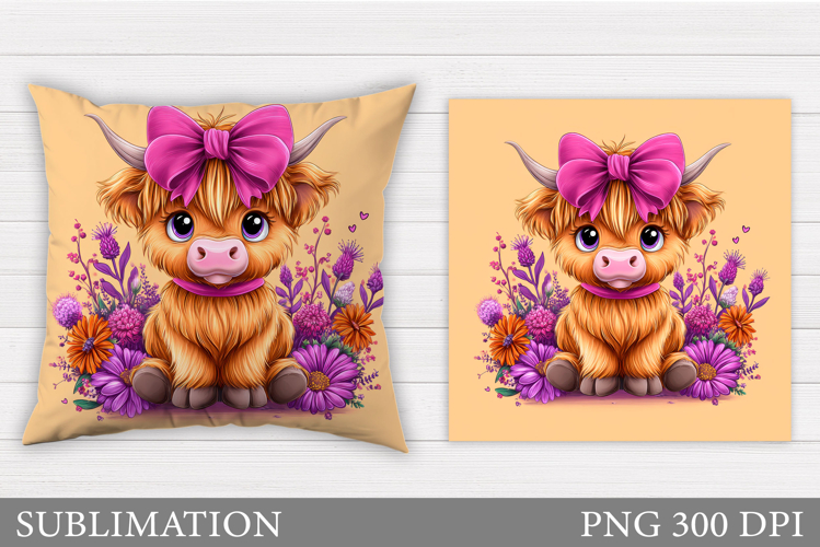 Highland Cow Pillow Design. Cow Flowers Pillow Sublimation