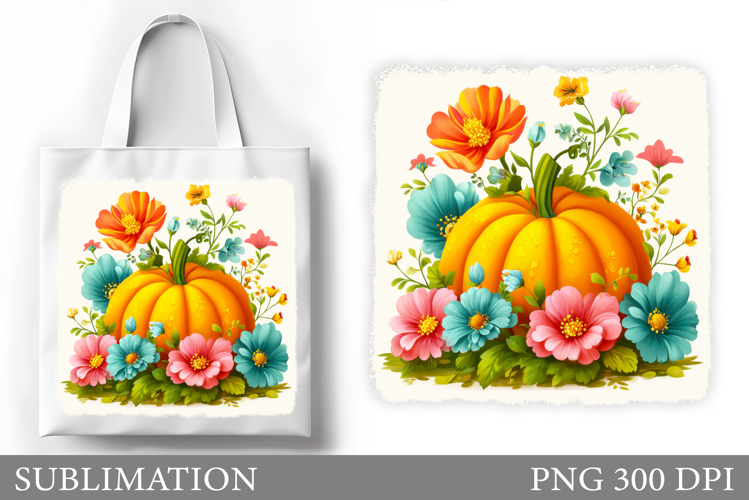Pumpkin Tote Bag Sublimation. Pumpkin Flowers Tote Bag