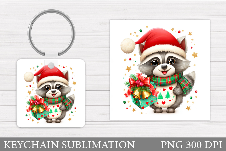 Christmas Raccoon Keychain. Christmas Keychain Sublimation