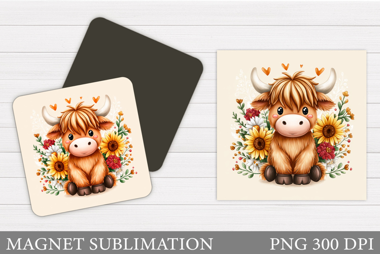 Highland Cow Magnet Sublimation. Cow Flowers Magnet Design