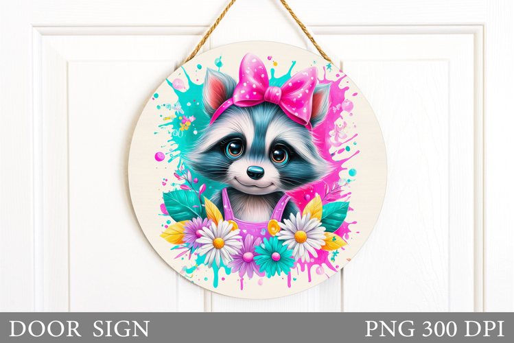 Cute Raccoon Door Sign. Raccoon Flowers Door Sign Design example image 1