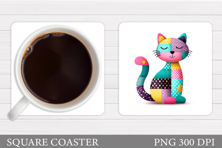 Patchwork Cat Coaster Design. Cute Cat Sublimation example image 1