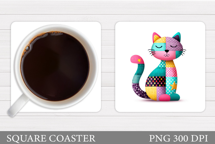 Patchwork Cat Coaster Design. Cute Cat Sublimation