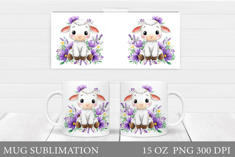Cute Lamb Mug Sublimation. Lamb Flowers Mug Design