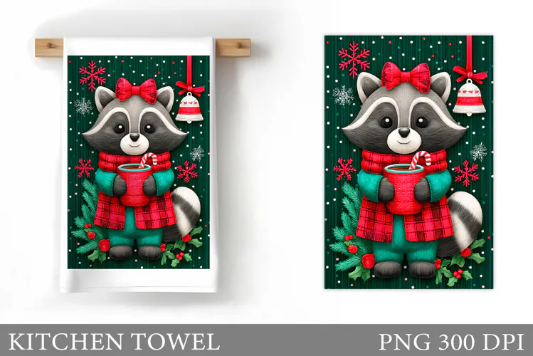 Christmas Raccoon Kitchen Towel. Christmas Kitchen Towel