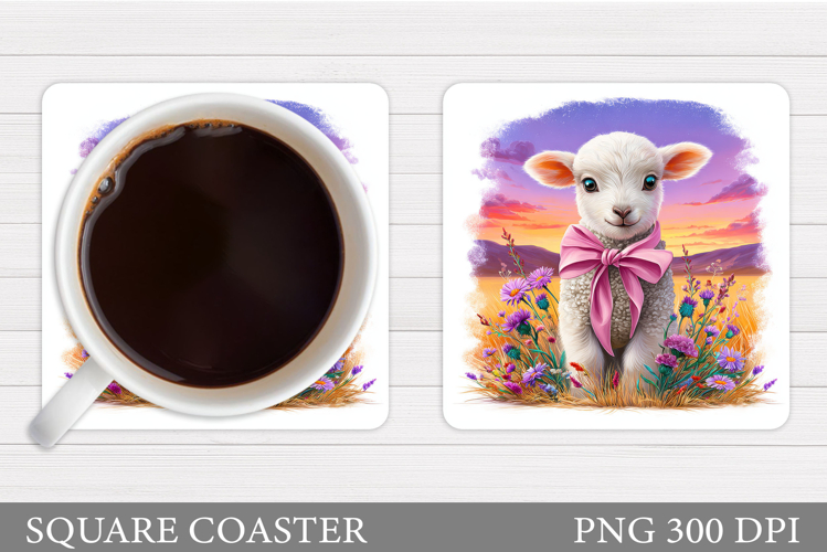 Cute Lamb Coaster Sublimation. Lamb Flowers Coaster Design