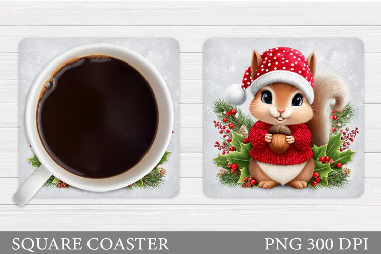 Cute Squirrel Coaster Design. Christmas Coaster Sublimation