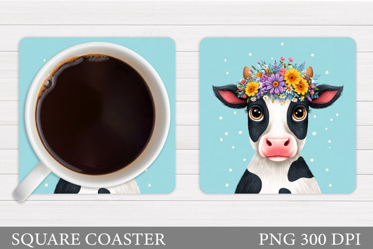 Cow Coaster Sublimation. Cow Flowers Coaster Design example image 1