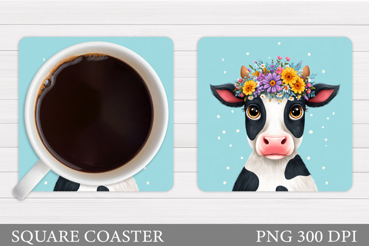 Cow Coaster Sublimation. Cow Flowers Coaster Design